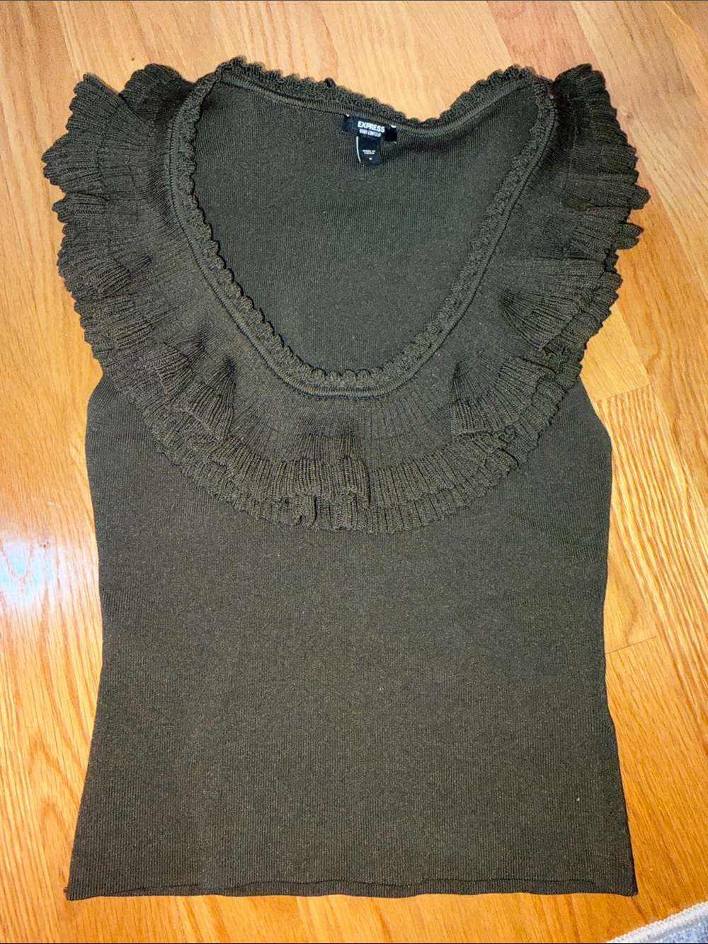 Express Olive Ruffle-Trim Sleeveless Knit Top